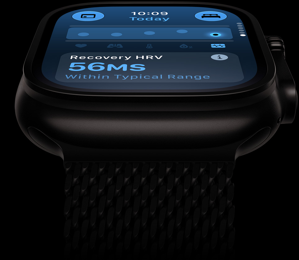Apple Watch Ultra 4, titanium case, black colour, HRV within typical range, titanium Milanese Loop band, black colour