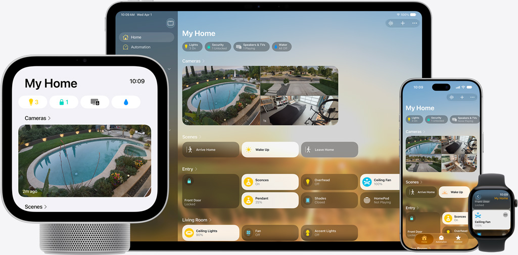 Home app displayed across iPad, iPhone, and Apple Watch, each showing My Home dashboard with cameras, climate, scenes, and device controls.