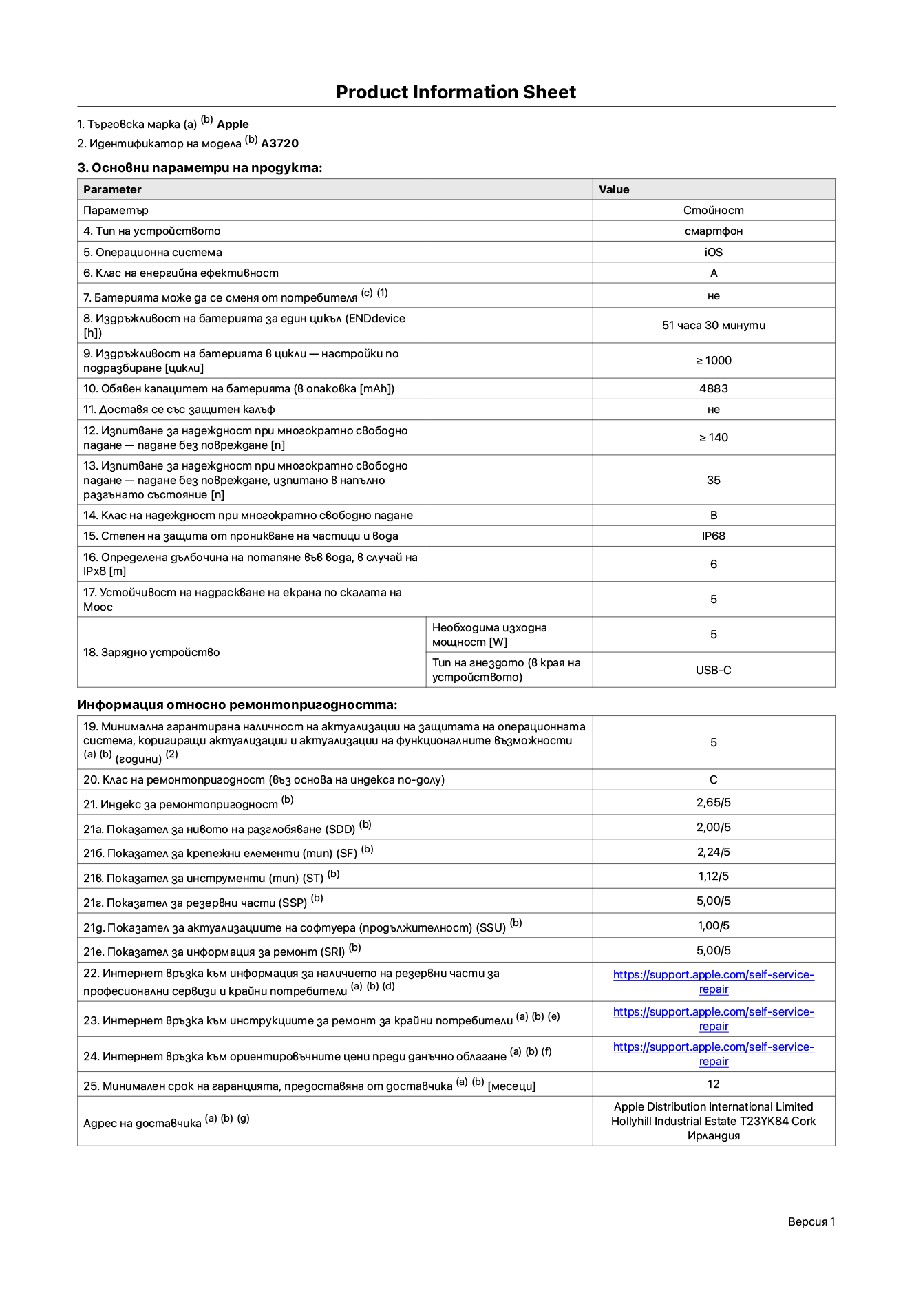 Продуктов информационен лист за iPhone Duo, модел A3720. Доставено от Apple Distribution International Limited, Hollyhill Industrial Estate. Корк, Ирландия, T23 YK84. Тип устройство: смартфон. Операционна система: iOS. Клас на енергийна ефективност: A. Батерията може да се сменя от потребителя: не. Издръжливост на батерията за един цикъл: 51 часа и 30 минути. Издръжливост на батерията в цикли – настройки по подразбиране: по-голямо или равно на 1000. Обявен капацитет на батерията: 4883 mAh. Доставя се със защитен калъф: не. Тест за надеждност при многократно свободно падане – брой падания без повреждане: по-голям или равен на 140. Тест на надеждност при многократно свободно падане – брой падания без повреждане, тествано в напълно разгънато състояние: 35. Клас на надеждност при многократно свободно падане: B. Степен на защита от проникване на частици и вода: IP68. Посочена дълбочина на потапяне във вода, в случай на iPx8: 6 метра. Устойчивост на надраскване на екрана по скалата на твърдост на Моос: 5. Необходима изходна мощност на зарядното устройство: 5 вата. Тип на гнездото за зарядно устройство (от страната на устройството): USB-C. Минимална гарантирана наличност на актуализации за сигурност на операционната система, коригиращи актуализации и актуализации на функционалността: 5 години. Клас на ремонтопригодност: C. Индекс на ремонтопригодност: 2,65/5. Показател за нивото на разглобяване (SDD): 2,00/5. Показател за крепежните елементи: 2,24/5. Показател за инструменти: 1,12/5. Показател за резервни части: 5,00/5. Показател за актуализации на софтуера: 1,00/5. Показател за информация за ремонт: 5,00/5. Уебвръзка към информация за наличността на резервни части за професионални сервизи и крайни потребители: https://support.apple.com/self-service-repair. Уебвръзка към инструкции за ремонт за крайни потребители: https://support.apple.com/self-service-repair. Уебвръзка към ориентировъчни цени преди данъци: https://support.apple.com/self-service-repair. Предлага се 12-месечна обща гаранция.