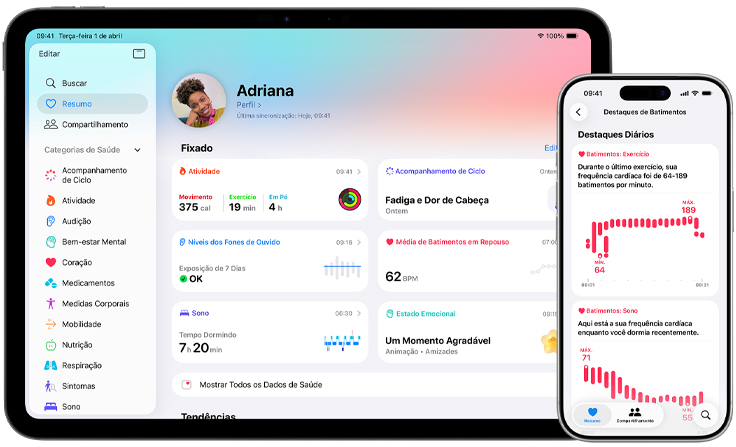 App Saúde no iPad e iPhone, resumo de saúde e favoritos fixados no iPad, destaques de frequência cardíaca resumidos no iPhone