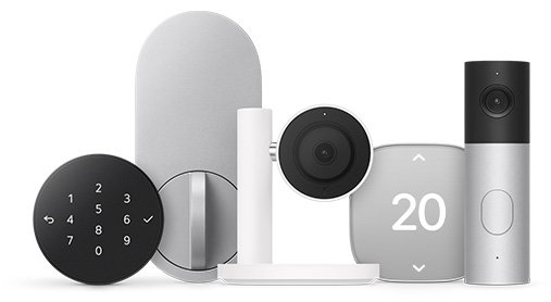 Smart home accessories: keypad door lock, deadbolt lock, camera on stand, thermostat, video doorbell