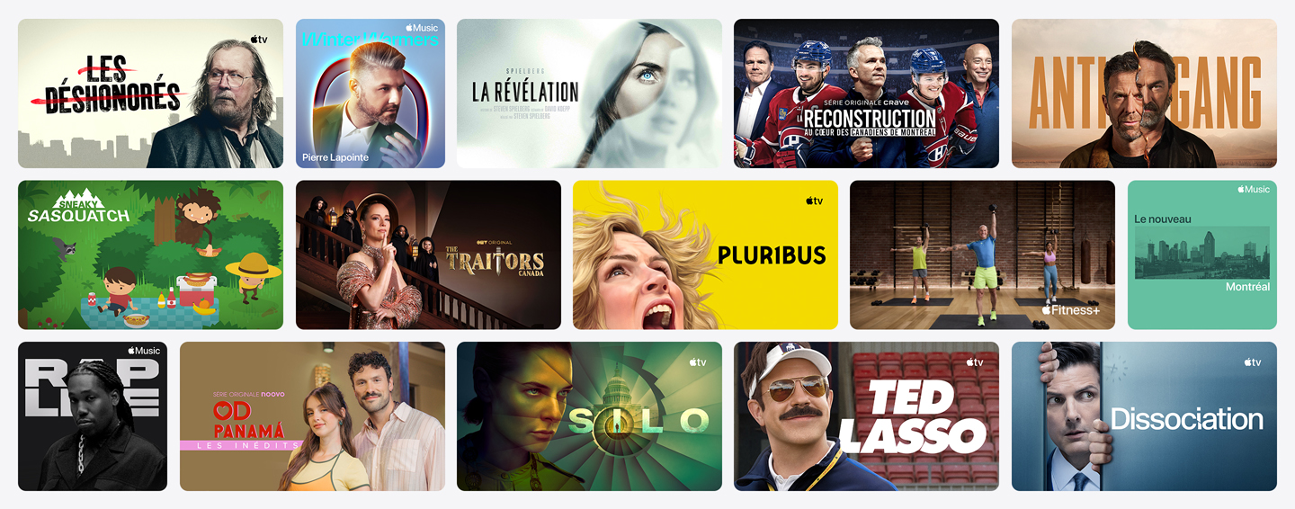 Grille présentant des visuels provenant d’Apple TV, d’Apple Music, d’Apple Fitness+, d’Apple Arcade et de partenaires