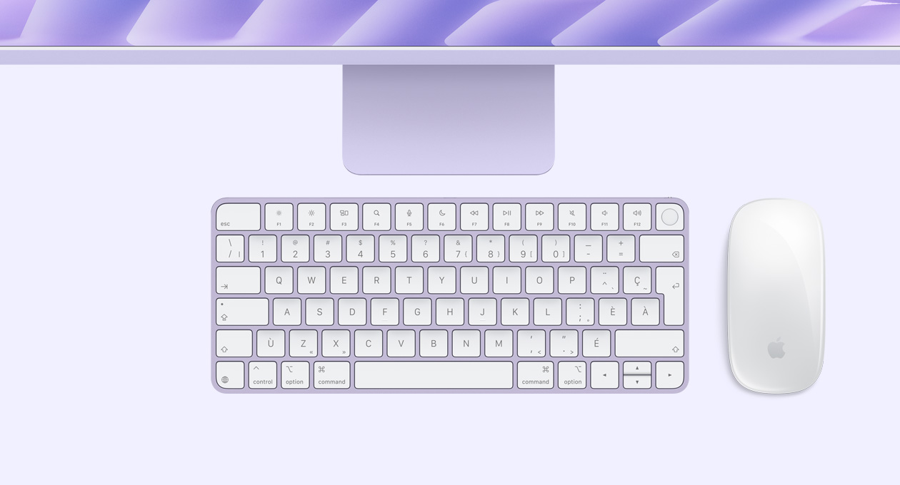 iMac, couleur violette, vue du dessus, avec Magic Mouse et Magic Keyboard avec Touch ID
