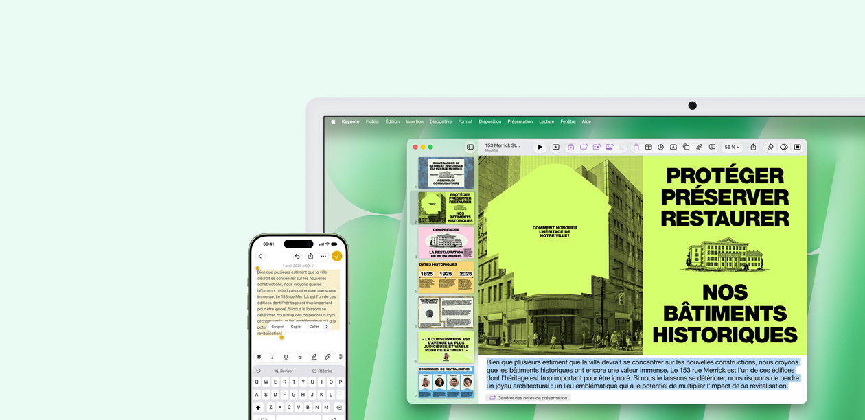 Un iMac et un iPhone côte à côte. Du texte est copié dans l’app Notes d’iPhone et collé sur iMac.