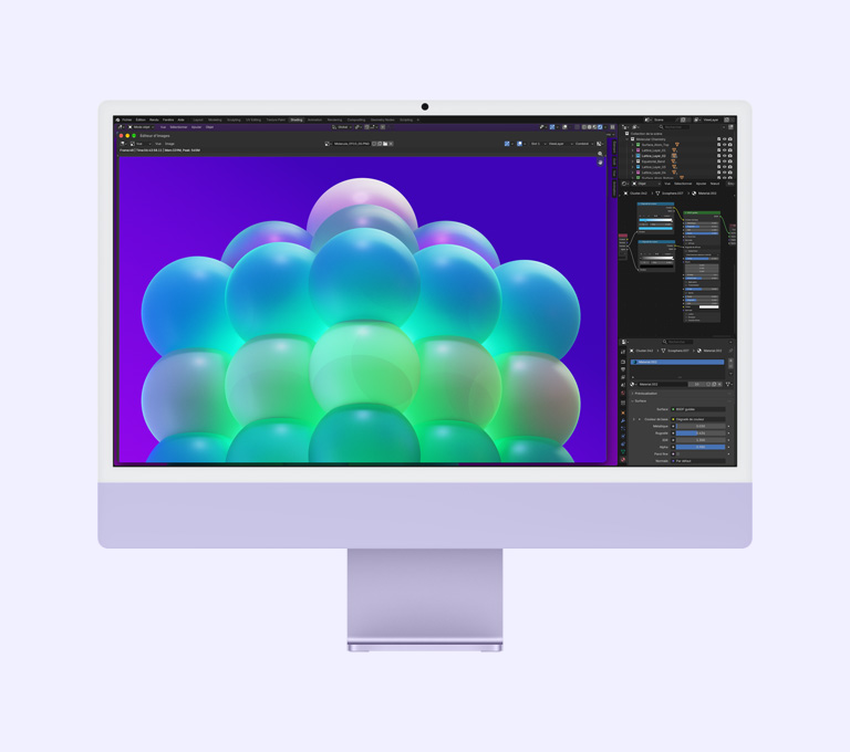 iMac, face avant, couleur violette, l’app Éditeur d’image affiche une structure de bulles colorées