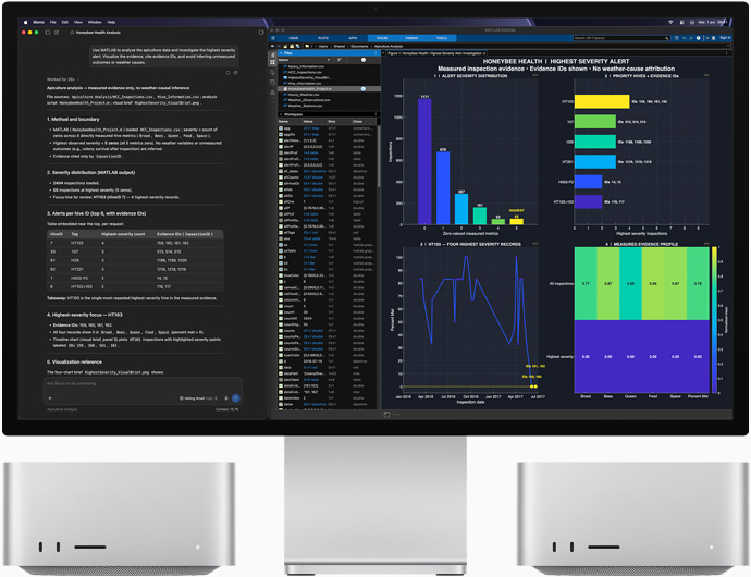 Studio Display XDR, écran affichant des données sur la santé des abeilles dans les apps LM Studio Bionic et MATLAB, Mac Studio, vue avant