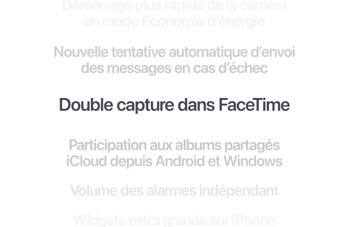 Liste verticale de fonctionnalités, avec Double capture dans FaceTime en gras au centre. Au-dessus et en dessous, les autres fonctionnalités de la liste se fondent progressivement dans l’arrière-plan.