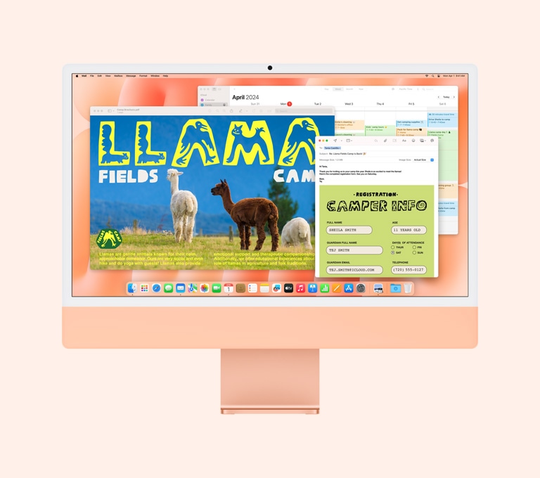 Oranžový iMac: Na obrazovce jsou otevřené aplikace Náhled, Mail a Kalendář.