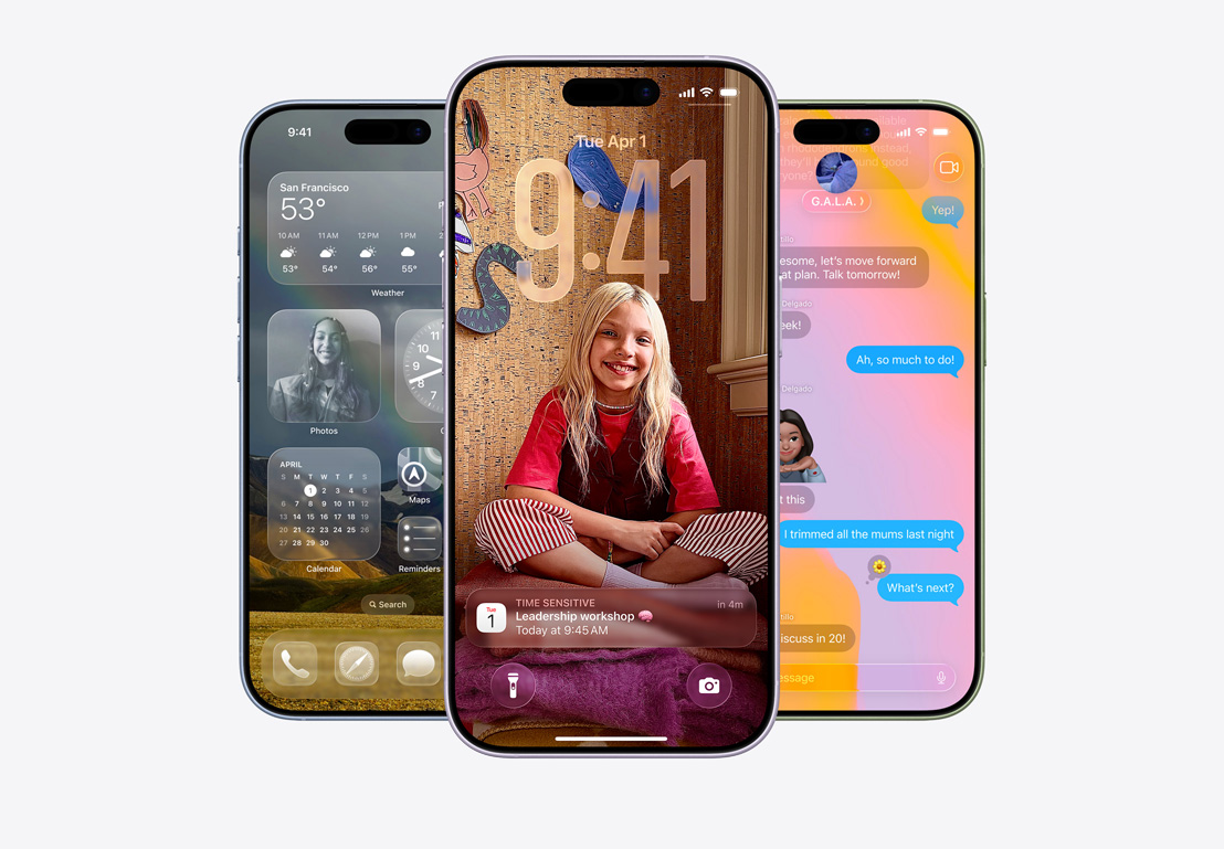Obrazovka iPhonu se zobrazeným prověřováním hovorů, obrazovka iPhonu se zobrazenými dialogy aplikací Mail a Zprávy v Liquid Glass designu, obrazovka iPhonu zobrazující vlákno ve Zprávách s Liquid Glass pozadím