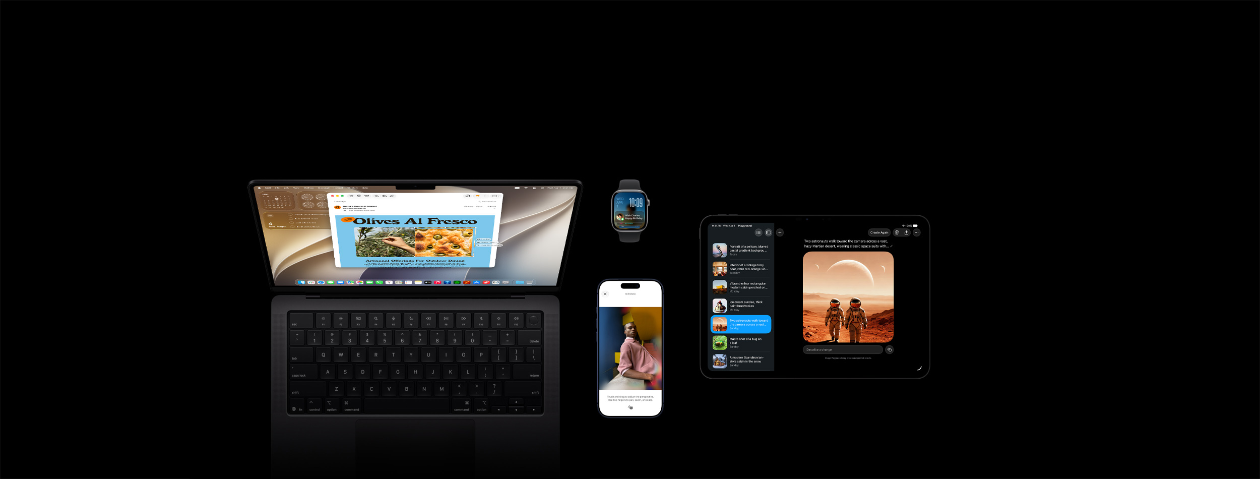 Čtyři produkty včetně temně modrého iPhonu 17 Pro, na kterém je vidět ukázka úpravy fotky muže opřeného o stůl v aplikaci Fotky pomocí Přerámování, vesmírně šedé Apple Watch Series 11 (46mm) s datem a zamknutým displejem, na kterém je vidět připomínka narozeninového kalendáře v Chytré sadě, vesmírně černý 14palcový MacBook Pro, na kterém je vidět ukázka Vizuální inteligence se snímkem obrazovky focaccii s olivami z e-mailu a několika pokyny k obrázku, a vesmírně černý 11palcový iPad Pro