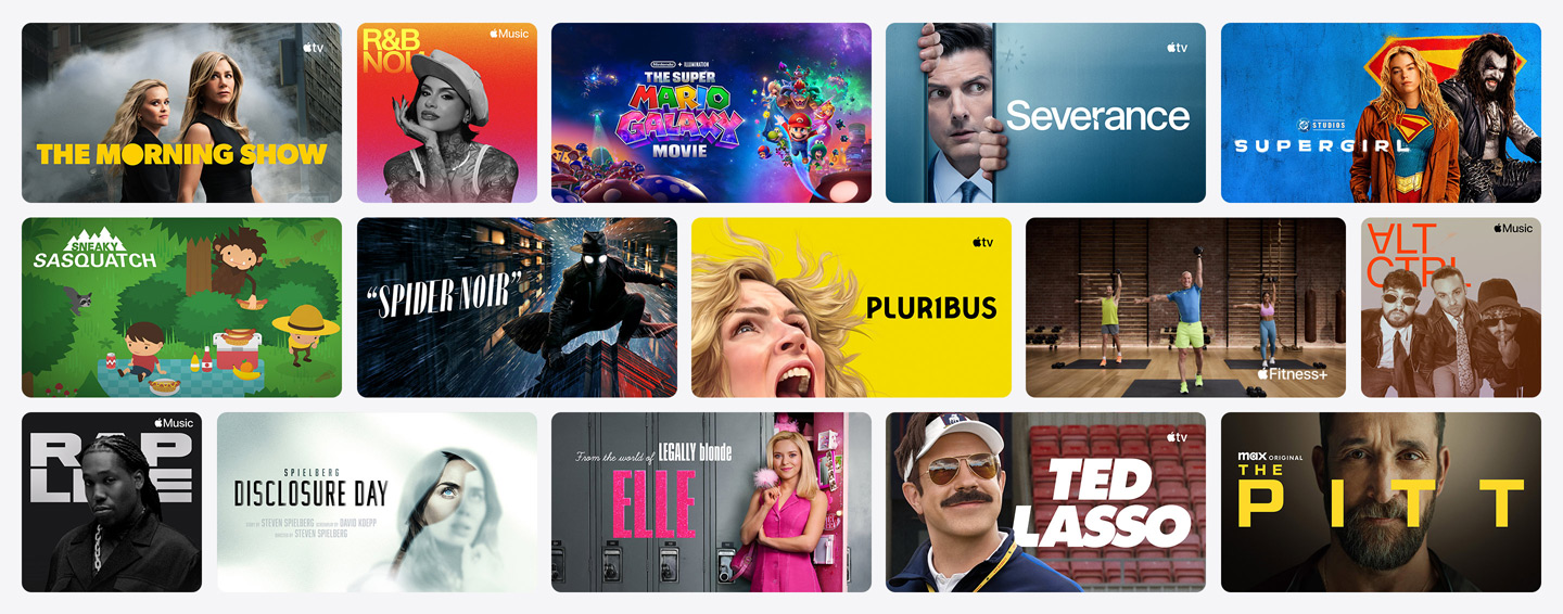 Sélection d’affiches de contenus Apple TV, Apple Music, Apple Fitness+, Apple Arcade et de chaînes partenaires