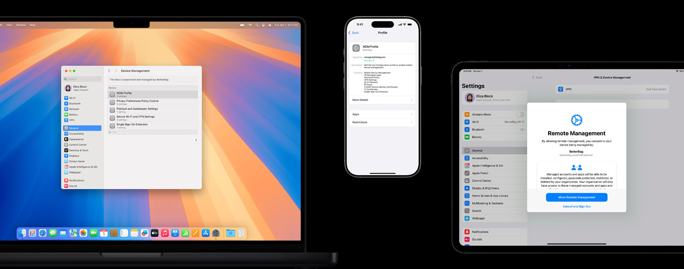 Ein Mac und ein iPad zeigen ein Remoteverwaltung Fenster. Ein iPhone zeigt MDM Profileinstellungen.