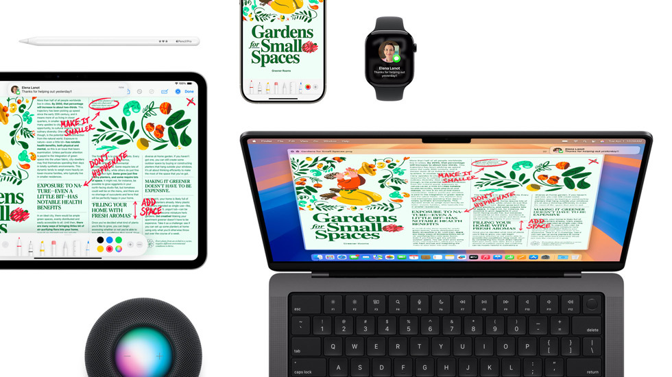 Eine Reihe von Geräten, darunter ein iPad, ein iPhone, eine Watch und ein Mac, die alle denselben Inhalt zeigen.