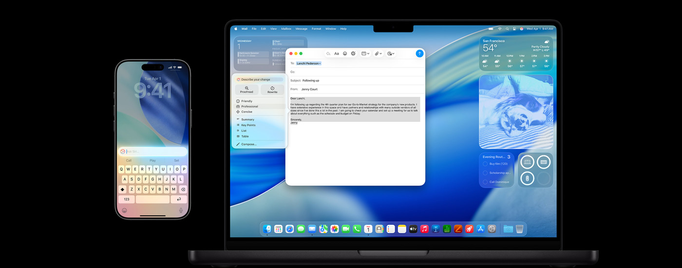 Een iPhone en een Mac met Apple Intelligence en de macOS Tahoe-schermbeveiliging.
