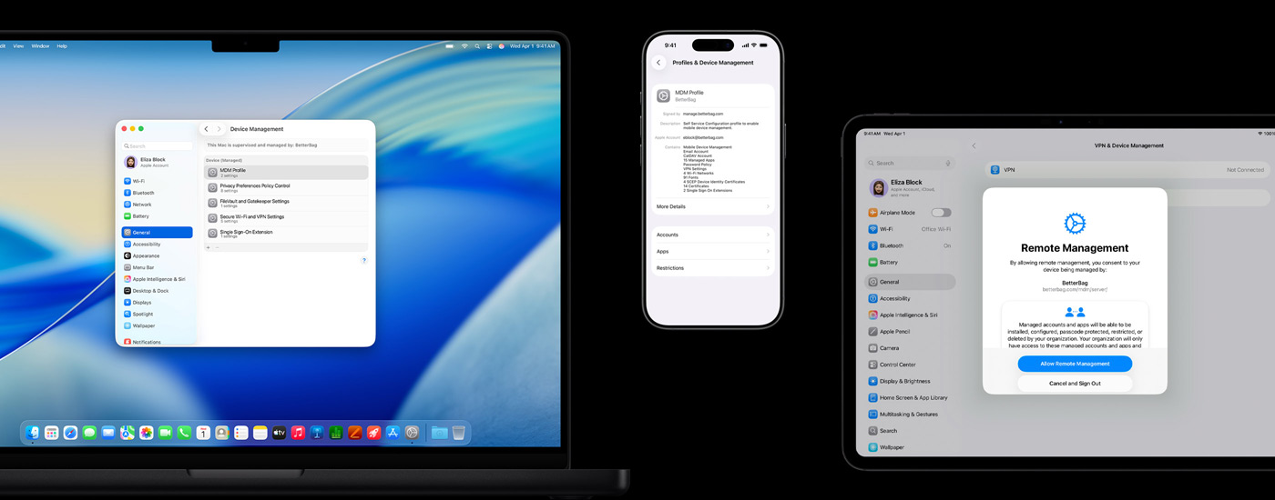 Drie Apple devices: links zie je een Mac-computer met een venster voor devicebeheer. In het midden staat een iPhone met MDM-profielinstellingen (Mobile Device Management). Rechts zie je een iPad met een venster voor beheer op afstand.