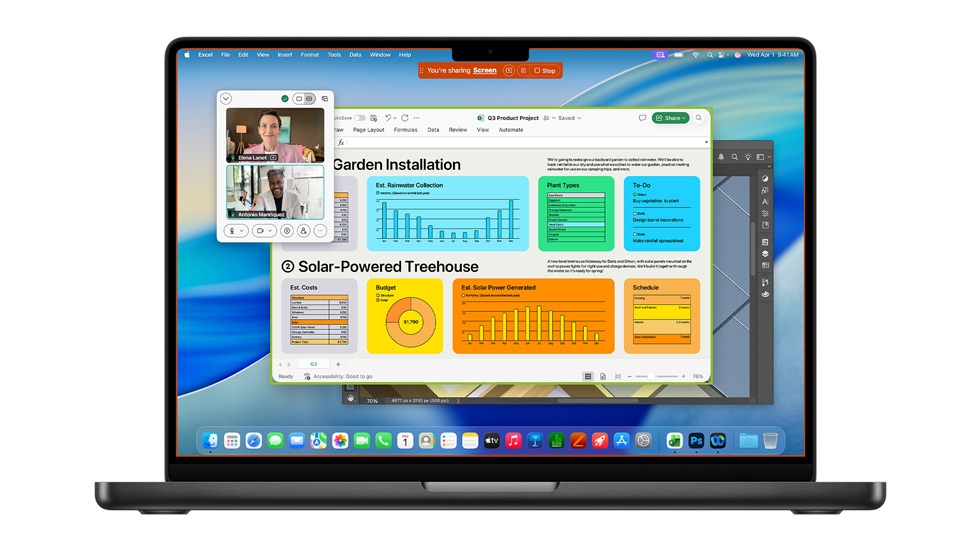 Een Mac-scherm met macOS Tahoe waarop verschillende geopende apps te zien zijn, waaronder Webex en Excel.