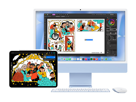 Een kleurrijke en speelse illustratie wordt weergegeven op een iPad en een iMac met macOS Tahoe. Op de iMac staat de illustratie in een creatieve app.
