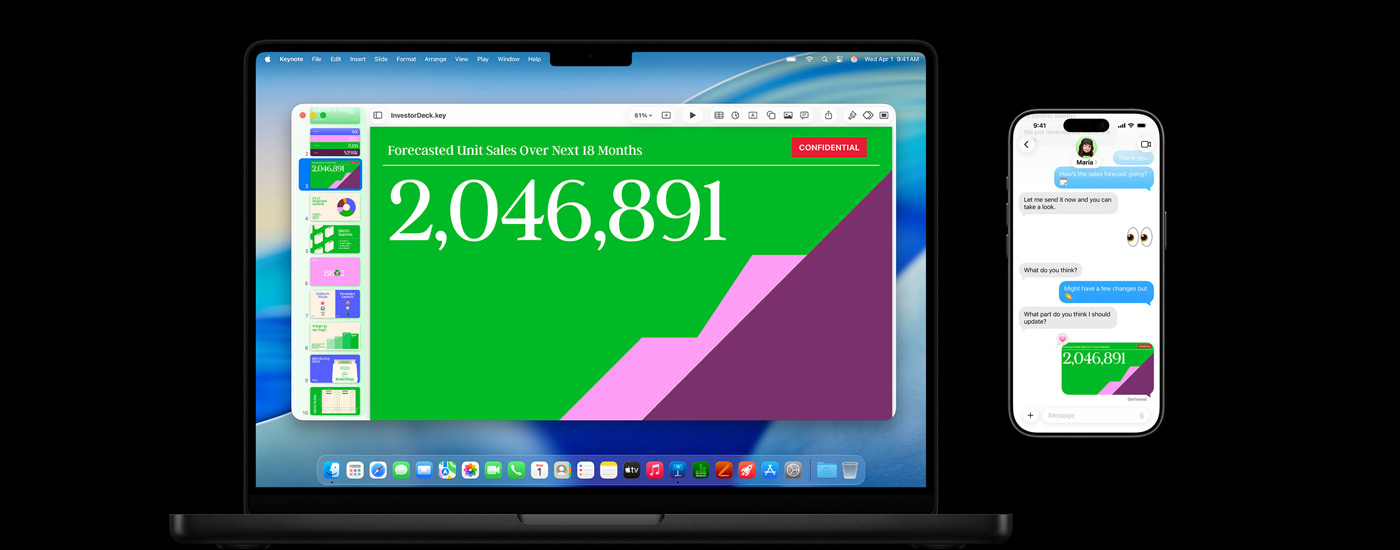 Een Mac met een presentatie en macOS Tahoe-achtergrond. Voor de Mac staat een iPhone met dezelfde presentatie in een gesprek in Berichten.