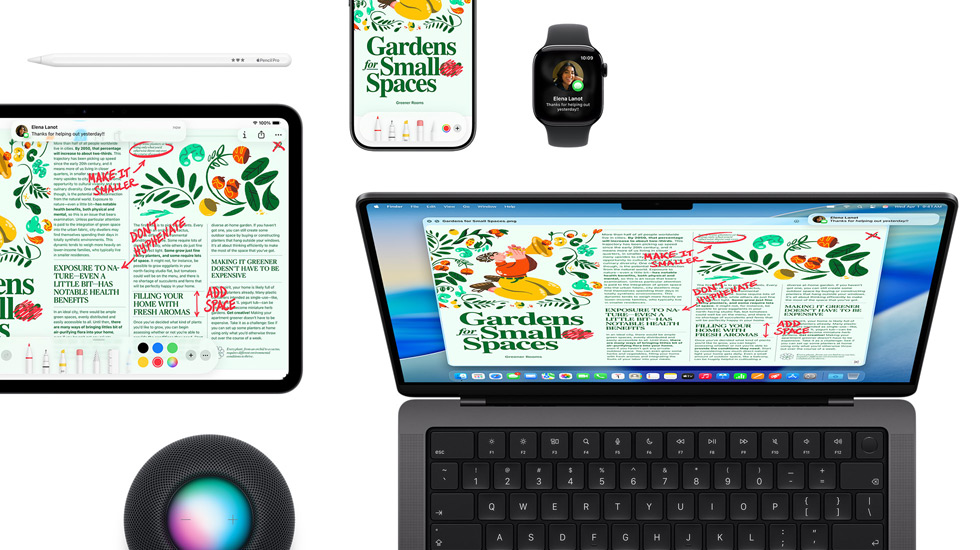Een verzameling devices, waaronder een iPad, iPhone, Apple Watch en een Mac met macOS Tahoe, die allemaal dezelfde lay-out van een tijdschrift weergeven.