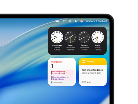 Mac-bureaublad met macOS Tahoe en verschillende widgets, waaronder Klok, Agenda en Notities.