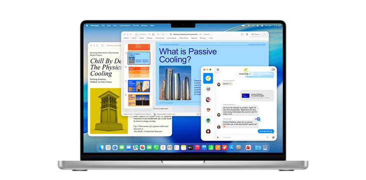 14 tuuman MacBook Prossa esittelyssä appeja, kuten Microsoft PowerPoint, Viestit ja Pages.
