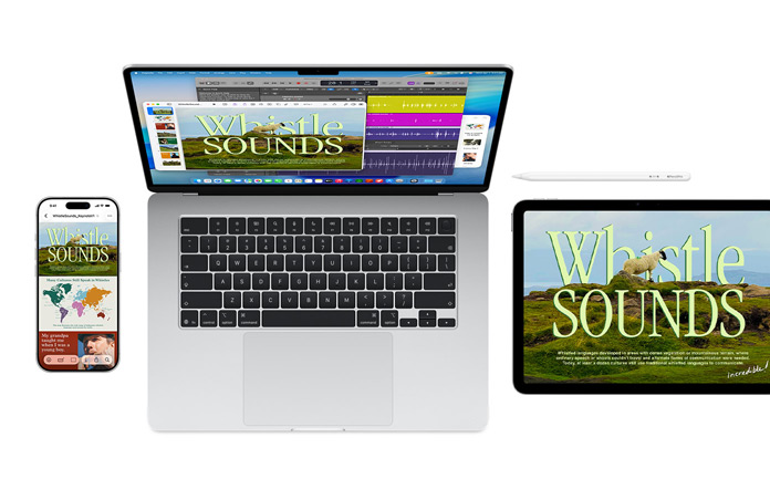 En Mac, iPhone og iPad viser samme Whistle Sounds-prosjekt på tvers av skjermene, noe som er et eksempel på hvor sømløst Apple-enheter fungerer sammen.
