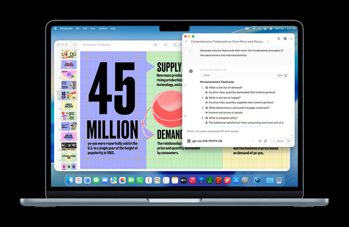MacBook viser Msty Studio med stikkordsbaserte studiekort for mikroøkonomi som et eksempel på KI-mulighetene på enheten.