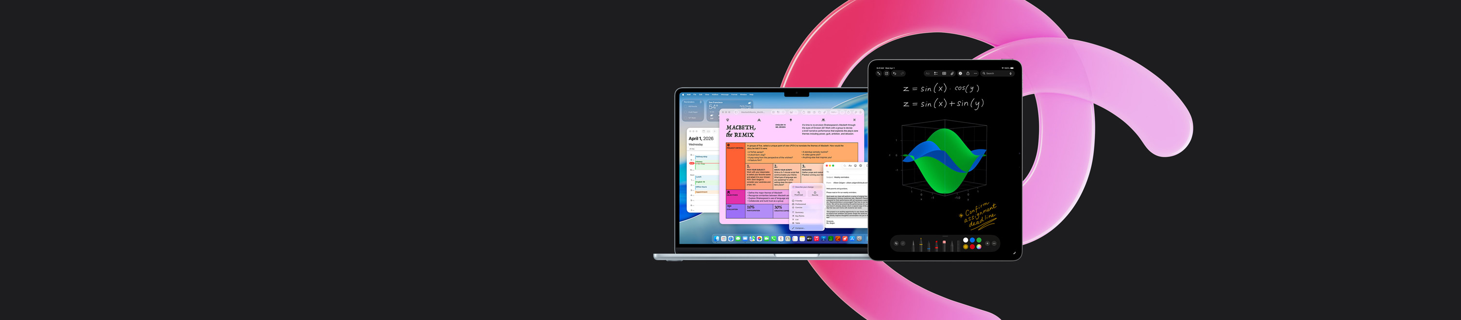 Un MacBook Air affiche Pages, Calendrier, Alertes et Mail à côté d’un iPad montrant des équations manuscrites dans Notes mathématiques, illustrant la productivité avec les apps intégrées