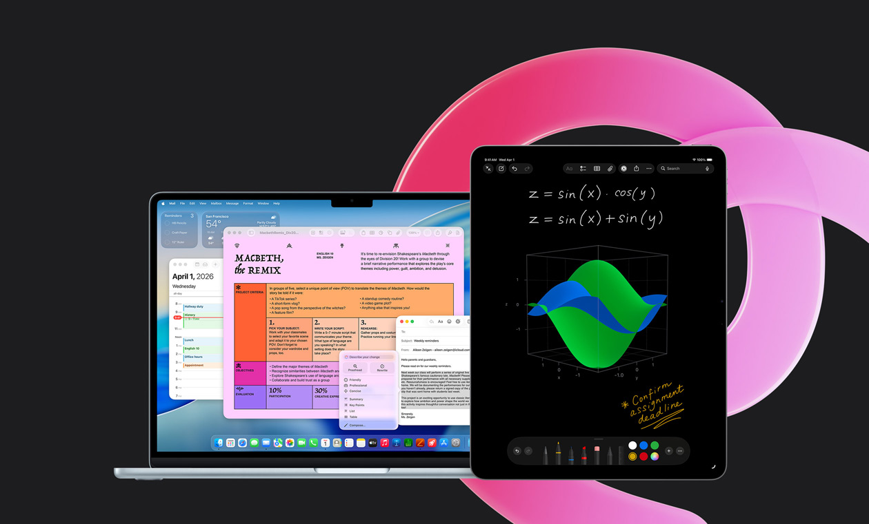 MacBook Air viser Pages, Kalender, Varsling og Mail. Ved siden av viser en iPad håndskrevne ligninger i Mattenotater, noe som er et eksempel på produktivitet med innebygde apper.