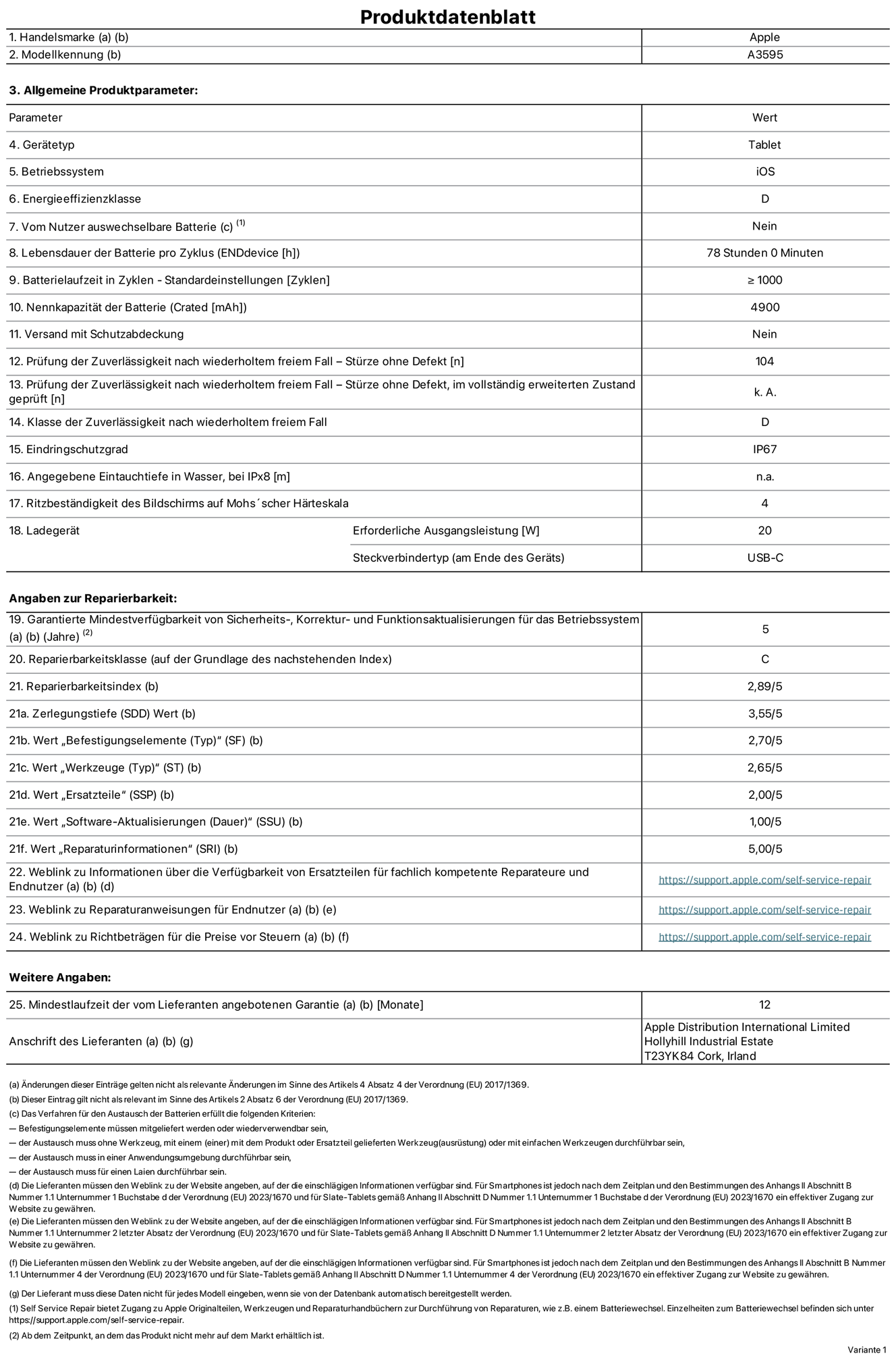 Produktinformationsblatt für iPad mini A20 Pro Wi-Fi, Modell A3595. Bereitgestellt von Apple Distribution International Limited, Hollyhill Industrial Estate. Cork, Irland, T23 YK84. Gerätetyp: Tablet. Betriebssystem: iOS. Energieeffizienzklasse: D. Von Nutzer:innen auswechselbare Batterie: Nein. Batterielaufzeit pro Zyklus: 78 Std. Batterielebensdauer in Zyklen – Standardeinstellungen: ≥ 1.000. Nennkapazität der Batterie: 4.900 mAh. Versand mit Schutzabdeckung: Nein. Prüfung der Zuverlässigkeit nach wiederholtem freiem Fall – Stürze ohne Defekt: ≥ 104. Prüfung der Zuverlässigkeit nach wiederholtem freiem Fall – Stürze ohne Defekt, im vollständig erweiterten Zustand geprüft: nicht zutreffend. Klasse der Zuverlässigkeit nach wiederholtem freiem Fall: D. Eindringschutzgrad: IP67. Angegebene Eintauchtiefe in Wasser, bei iPx8: nicht zutreffend. Ritzbeständigkeit des Displays auf Mohs’scher Härteskala: 4. Erforderliche Ausgangsleistung des Ladegeräts: 20 W. Anschluss Ladegerät (am Ende des Geräts): USB‑C. Garantierte Mindestverfügbarkeit von Sicherheits‑, Korrektur‑ und Funktionsaktualisierungen für das Betriebssystem: 5 Jahre. Reparierbarkeitsklasse: C. Reparierbarkeitsindex: 2,89/5. Wert „Zerlegungstiefe“ (SDD): 3,55/5. Wert „Befestigungselemente“: 2,70/5. Wert „Werkzeuge“: 2,65/5. Wert „Ersatzteile“: 2,00/5. Wert „Software-Aktualisierungen“: 1,00/5. Wert „Reparaturinformationen“: 5,00/5. Weblink zu Informationen über die Verfügbarkeit von Ersatzteilen für fachlich kompetente Reparaturanbieter und Endnutzer:innen: https://support.apple.com/self-service-repair. Weblink zu Reparaturanweisungen für Endnutzer:innen: https://support.apple.com/self-service-repair. Weblink zu Richtbeträgen für die Preise vor Steuern: https://support.apple.com/self-service-repair. 12 Monate angebotene allgemeine Garantie.