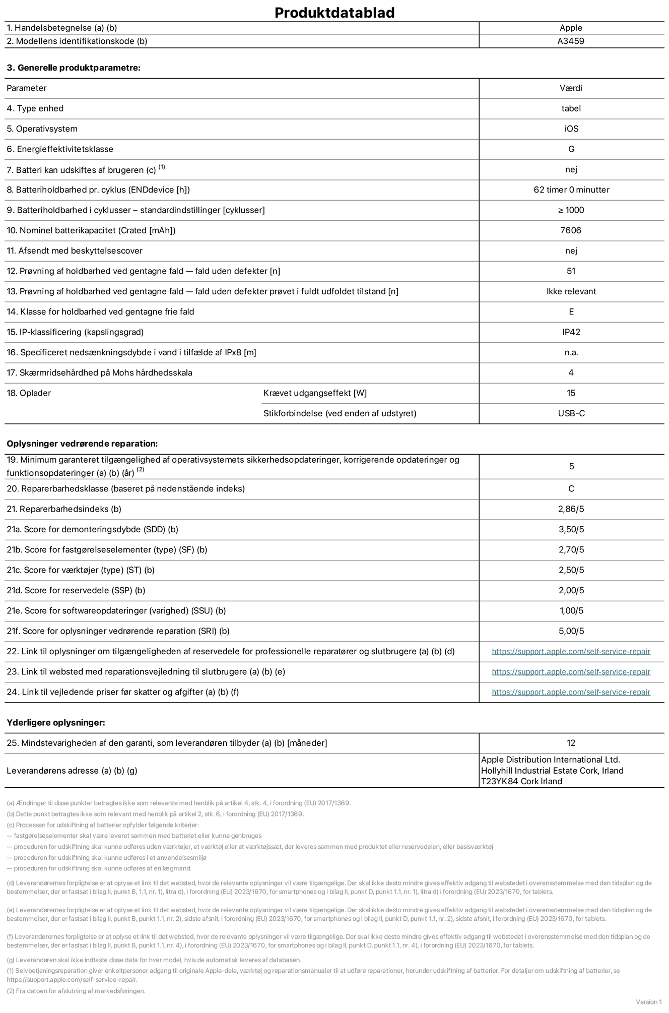 Produktdatablad til 11" iPad Air Wi‑Fi, model A3459. Leveret af Apple Distribution International Limited, Hollyhill Industrial Estate. Cork, Irland, T23 YK84. Enhedstype: tablet. Styresystem: iOS. Energieffektivitetsklasse: G. Batteri kan udskiftes af brugeren: nej. Batteritid pr. cyklus: 62 timer. Batterilevetid i cyklusser – standardindstillinger: ≥ 1000. Nominel batterikapacitet: 7606 mAh. Leveres med beskyttelsescover: nej. Holdbarhedstest ved gentagne fald – fald uden defekt: 51. Holdbarhedstest ved gentagne fald – fald uden defekt testet i fuldt udfoldet tilstand: ikke relevant. Holdbarhedsklasse ved gentagne fald: E. Kapslingsklasse: IP42. Angivet nedsænkningsdybde i vand ved IPx8: ikke relevant. Skærmens ridsefasthed på Mohs' hårdhedsskala: 4. Påkrævet udgangseffekt for oplader: 15 watt. Opladerstiktype (på enheden): USB‑C. Garanteret minimumsperiode for tilgængelighed af sikkerhedsopdateringer, fejlrettelser og funktionsopdateringer til styresystemet: 5 år. Reparerbarhedsklasse: C. Reparationsindeks: 2,86/5. Score for demonteringsdybde (SDD): 3,50/5. Score for fastgørelseselementer: 2,70/5. Score for værktøj: 2,50/5. Score for reservedele: 2,00/5. Score for softwareopdateringer: 1,00/5. Score for reparationsoplysninger: 5,00/5. Weblink til oplysninger om tilgængeligheden af reservedele for professionelle reparatører og slutbrugere: https://support.apple.com/self-service-repair. Weblink til vejledning i reparation for slutbrugere: https://support.apple.com/self-service-repair. Weblink til vejledende priser før skatter og afgifter: https://support.apple.com/self-service-repair. Produktet er omfattet af 12 måneders garanti.
