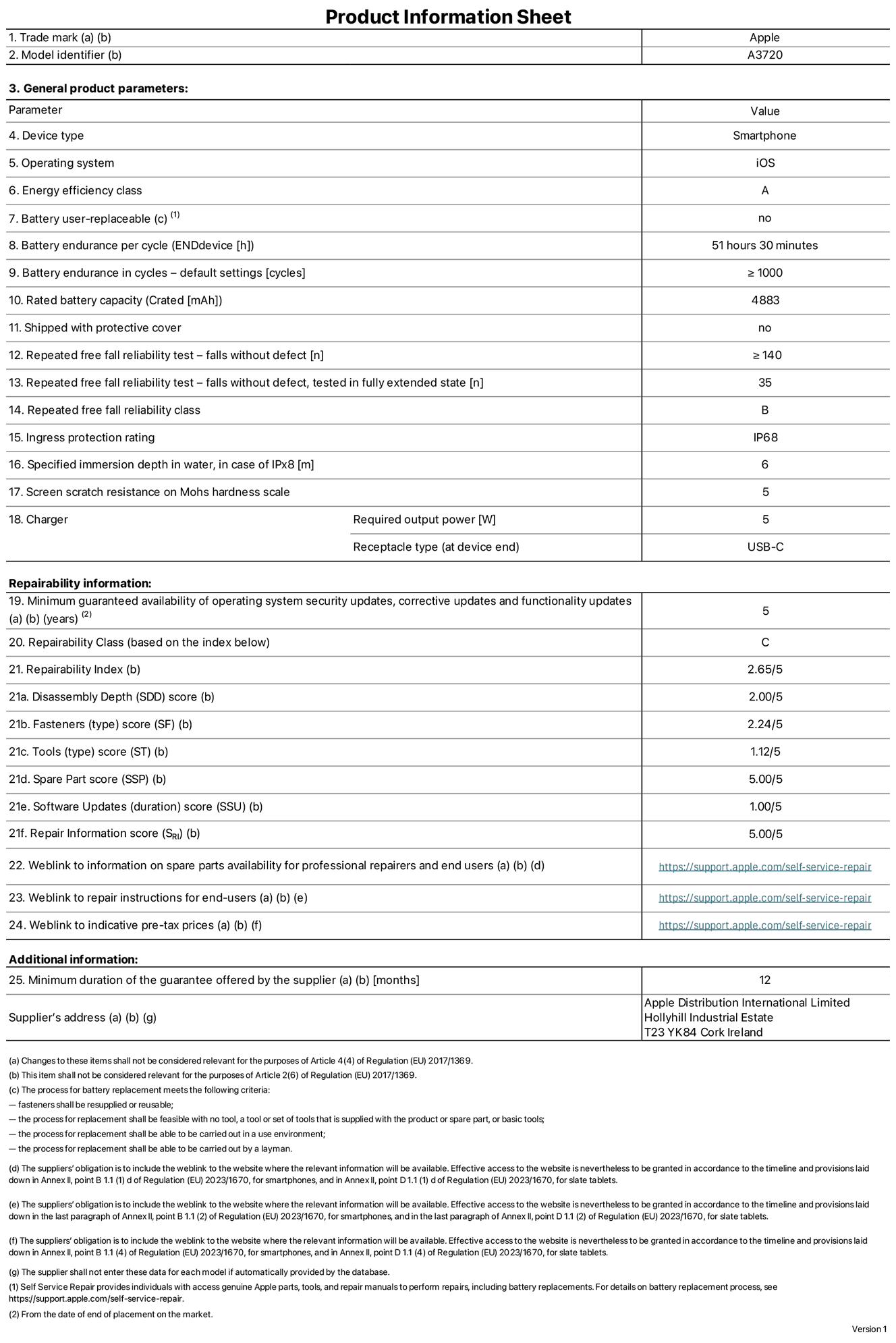 Product information sheet for iPhone Duo, model A3720. Supplied by Apple Distribution International Limited, Hollyhill Industrial Estate, Cork, Ireland, T23 YK84. Device type: smartphone. Operating system: iOS. Energy efficiency class: A. Battery user-replaceable: no. Battery endurance per cycle: 51 hours 30 minutes. Battery endurance in cycles — default settings: greater than or equal to 1,000. Rated battery capacity: 4,883 milliampere-hours. Shipped with protective cover: no. Repeated free fall reliability test - falls without defect: greater than or equal to 140. Repeated free fall reliability test - falls without defect tested in fully extended state: 35. Repeated free fall in reliability class: B. Ingress protection rating: IP68. Specified immersion depth in water, in case of iPx8: 6 metres. Screen scratch resistance on Mohs hardness scale: 5. Charger required output power: 5 watts. Charger receptacle type (at device end): USB‑C. Minimum guaranteed availability of operating system security updates, corrective updates and functionality updates: 5 years. Repairability class: C. Repairability index: 2.65/5. Disassembly Depth (SDD) score: 2.00/5. Fasteners score: 2.24/5. Tools score: 1.12/5. Spare part score: 5.00/5. Software updates score: 1.00/5. Repair information score: 5.00/5. Web link to information on spare parts availability for professional repairers and end users: https://support.apple.com/self-service-repair. Web link to repair instructions for end users: https://support.apple.com/self-service-repair. Web link to indicative pre-tax prices: https://support.apple.com/self-service-repair. 12-month general guarantee offered.