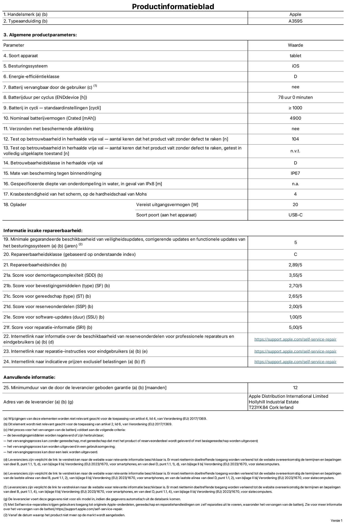 Productinformatieblad voor iPad mini A20 Pro Wi-Fi, model A3595. Verstrekt door Apple Distribution International Limited, Hollyhill Industrial Estate. Cork, Ierland, T23 YK84. Type device: tablet. Besturingssysteem: iOS. Energie-efficiëntieklasse: D. Batterij door de gebruiker te vervangen: nee. Batterijduur per cyclus: 78 uur. Batterijduur in cycli, standaardinstellingen: groter dan of gelijk aan 1000. Nominale batterijcapaciteit: 4900 mAh. Geleverd met beschermhoesje: nee. Herhaalde betrouwbaarheidstest voor vrije val, valt zonder defect: 104. Herhaalde betrouwbaarheidstest voor vrije val, valpartijen zonder defect getest in volledig verlengde staat: niet van toepassing. Herhaalde vrije val in betrouwbaarheidsklasse: D. Beschermingsklasse: IP67. Gespecificeerde dompeldiepte in water, in geval van iPx8: niet van toepassing. Krasbestendigheid van het scherm op de hardheidsschaal van Mohs: 4. Uitgangsvermogen vereist voor oplader: 20 watt. Type opladeraansluiting (aan het uiteinde van het device): USB‑C. Minimale gegarandeerde beschikbaarheid van beveiligingsupdates van het besturingssysteem, corrigerende updates en functionaliteitsupdates: 5 jaar. Repareerbaarheidsklasse: C. Repareerbaarheidsindex: 2,89/5. Score demontagediepte (SDD): 3,55/5. Score sluitingen: 2,70/5. Gereedschapsscore: 2,65/5. Score reserveonderdelen: 2,00/5. Score software-updates: 1,00/5. Score reparatiegegevens: 5,00/5. Weblink naar informatie over de beschikbaarheid van reserveonderdelen voor professionele reparaties en eindgebruikers: https://support.apple.com/self-service-repair. Weblink voor reparatie-instructies voor eindgebruikers: https://support.apple.com/self-service-repair. Weblink naar indicatieve prijzen vóór belasting: https://support.apple.com/self-service-repair. Inclusief 12 maanden algemene garantie.