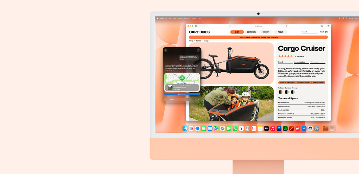 iMac i orange vist forfra, skærmen viser en Siri-AI-samtale om anbefalinger til cykelruter og en Safari-browser med en cykelhjemmeside