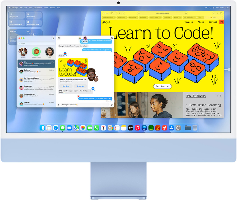 iMac i blå vist forfra, der viser appen Beskeder og et “Lær at kode”-website.