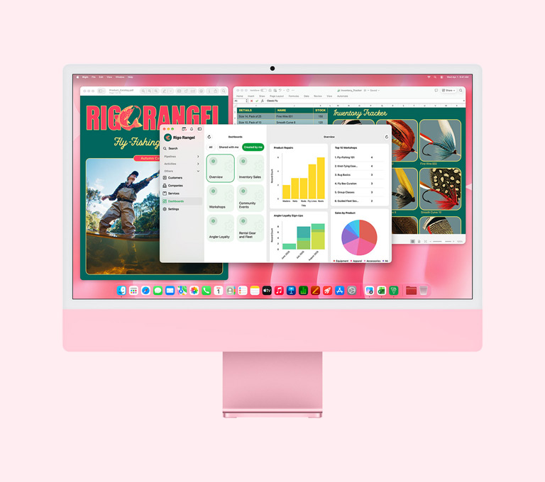 iMac i lyserød vist forfra, hvor skærmen viser flere apps