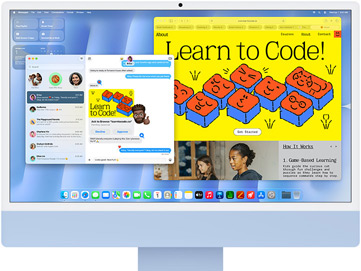iMac i blå vist forfra, der viser appen Beskeder og et “Lær at kode”-website