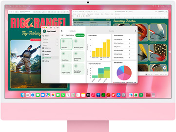 iMac i lyserød vist forfra med flere åbne apps, der viser en lagerstyringsprogram, et design til et katalog om fluefiskeri og et virksomhedsdashboard