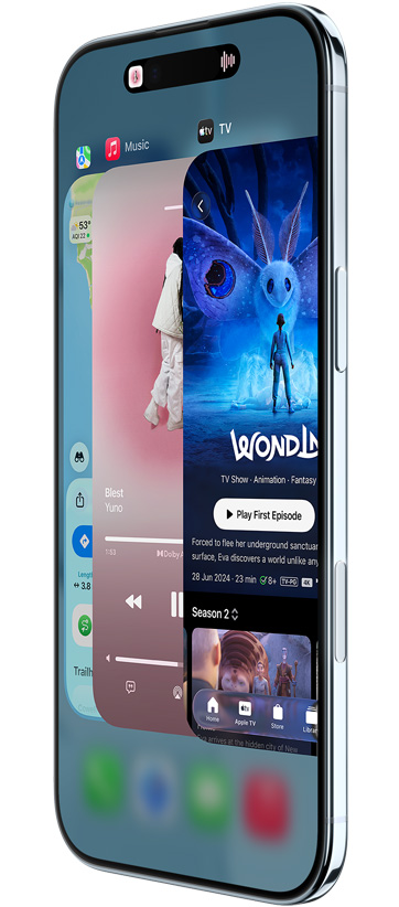 iPhone Air, voorkant, zijkant, met Kaarten, Muziek en Apple TV, de Appkiezer wordt gebruikt