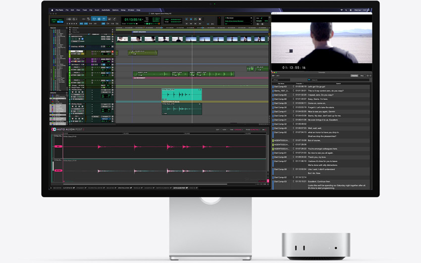 Mac mini edestä, sijoitettuna Studio Displayn alle, Pro Toolsissa on käynnissä Auto-Align Post 2 ‑liitännäinen macOS-ympäristössä
