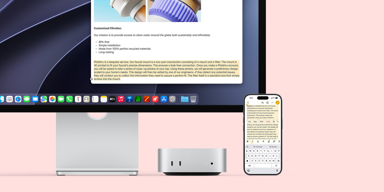 Mac mini edestä, sijoitettuna Studio Displayn alle, laitteen ja näytön oikealla puolella iPhone, jonka yläpuolella olevat leikkaa-, kopioi-, sijoita- ja automaattinen täyttö ‑toiminnot vastaavat näytöllä korostettua tekstiä ja esittelevät universaalia leikepöytää