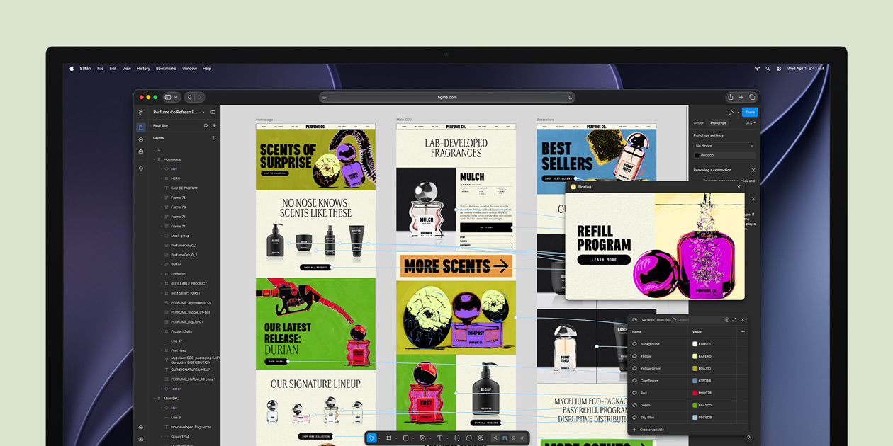 Studio Displayn näyttö, Figma-apin käyttöliittymä, työpohjaikkuna, jossa on erilaisia digitaalisia taideteoksia