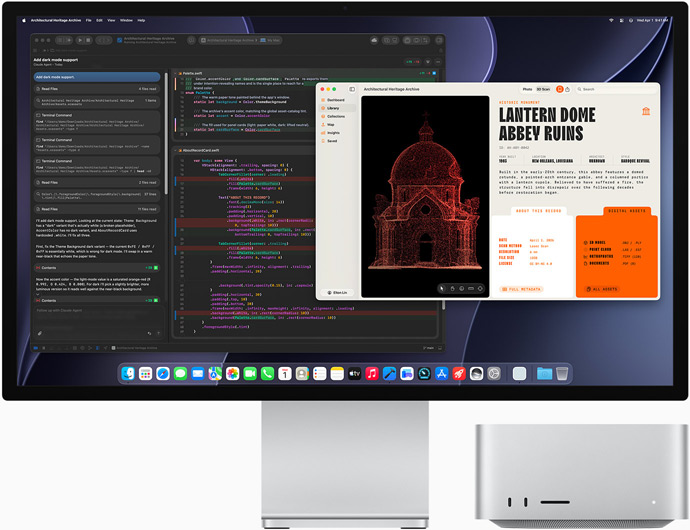 Studio Display XDR, écran affichant un document en cours de modification dans Claude Agent dans Xcode, Mac Studio, vu de face