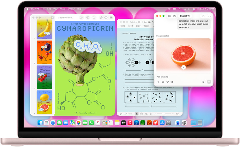 MacBook Neo, värinä roosa, ChatGPT:n avulla luodaan kuvaa greipistä, toisessa ikkunassa on Keynote-dokumentti otsikolla Molekyylijulisteet, jossa on kuvia hedelmistä ja vihanneksista sekä niihin liittyvistä molekyyliyhdisteistä, sekä aiheeseen liittyvä Microsoft Word ‑asiakirja