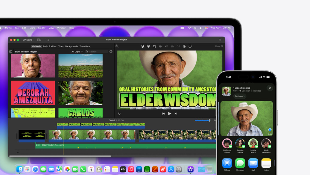 MacBook Neo, hopeanvärinen, esillä iMovie-ikkuna projektista nimeltä Elder Wisdom Project, vieressä iPhone, jolla on video eräästä iMovie-ikkunassa esillä olevasta henkilöstä, videon alapuolella on lista jakovalinnoista, muun muassa AirDrop