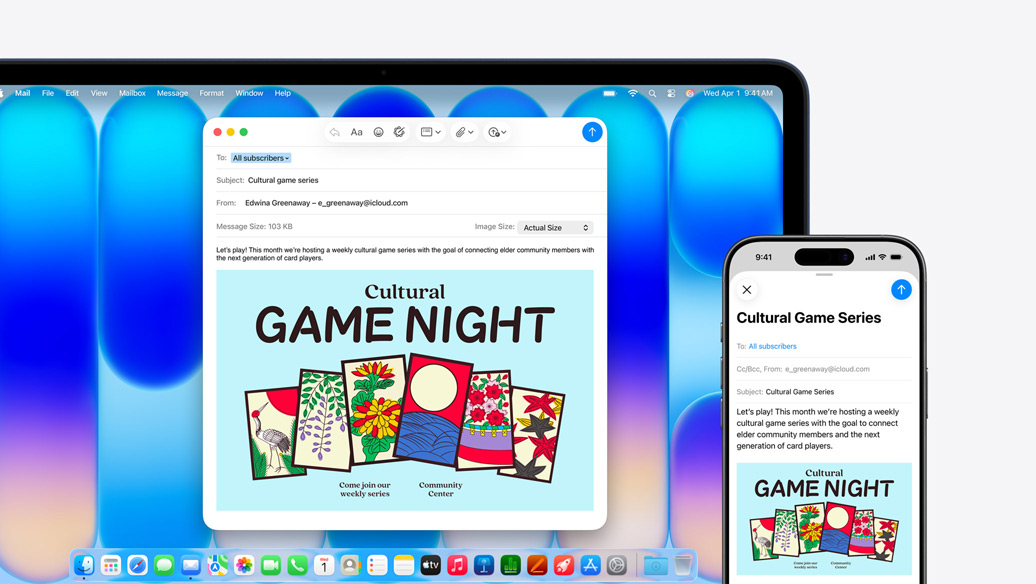 MacBook Neo, värinä indigo, iPhonen vieressä, kummankin näytössä näkyy sama sähköposti, jossa ilmoitetaan tapahtumasta kulttuurikeskuksessa