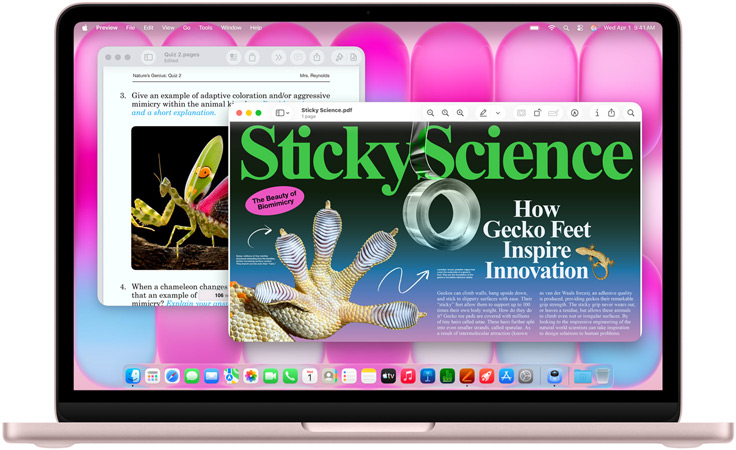 MacBook Neo, värinä roosa, näytöllä artikkeli biomimetiikasta ja kysymyksiä samankaltaisesta aihealueesta