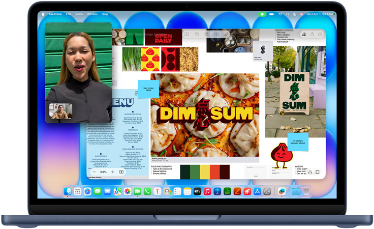 MacBook Neo, värinä indigo, videopuhelu meneillään, Freeform-ikkuna, jossa on dim sum ‑ravintolan ruokalista, ruokakuvia ja kuvituksia