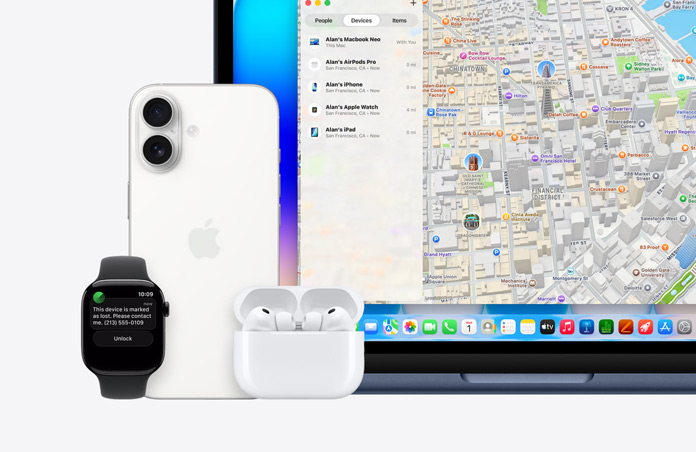 Apple Watch, näytöllä teksti ”Tämä laite on merkitty kadonneeksi. Ota minuun yhteyttä.” ja puhelinnumero, vieressä iPhone, AirPods Pro ‑kuulokkeet ja MacBook Neo, värinä indigo, näytöllä Etsi-appi, jossa on kartta ja lista laitteista ja niiden sijainnista
