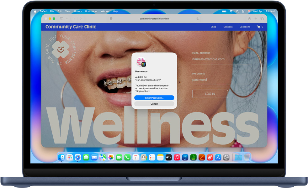 MacBook Neo, värinä indigo, Safari pyytää käyttäjää kirjautumaan sisään Touch ID:llä tai salasanalla verkkosivulle nimeltä Community Care Clinic